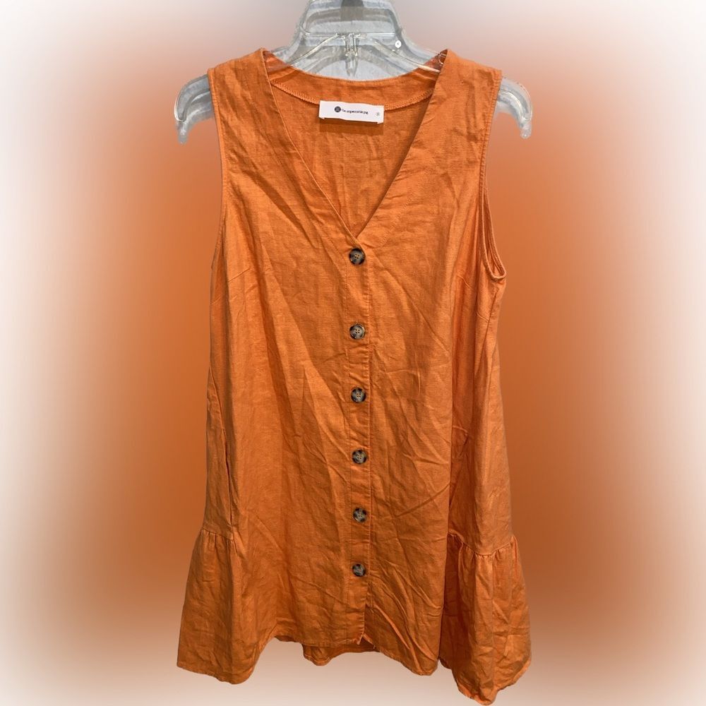 The Impeccable Pig Orange Linen Rayon Button Front Flowy Mini Dress Size Small